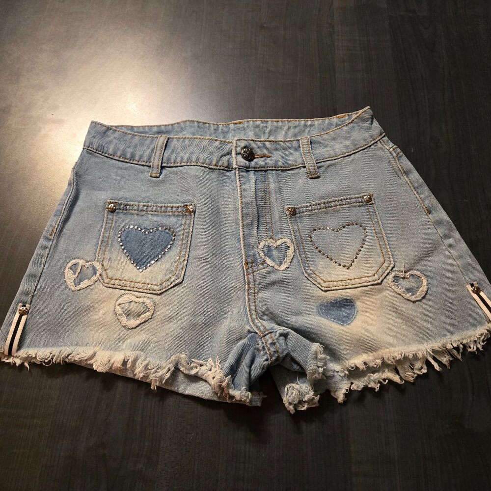 NEW 2026 Heart Patchwork rhinestone Denim Jean Shorts - Picture 3 of 6